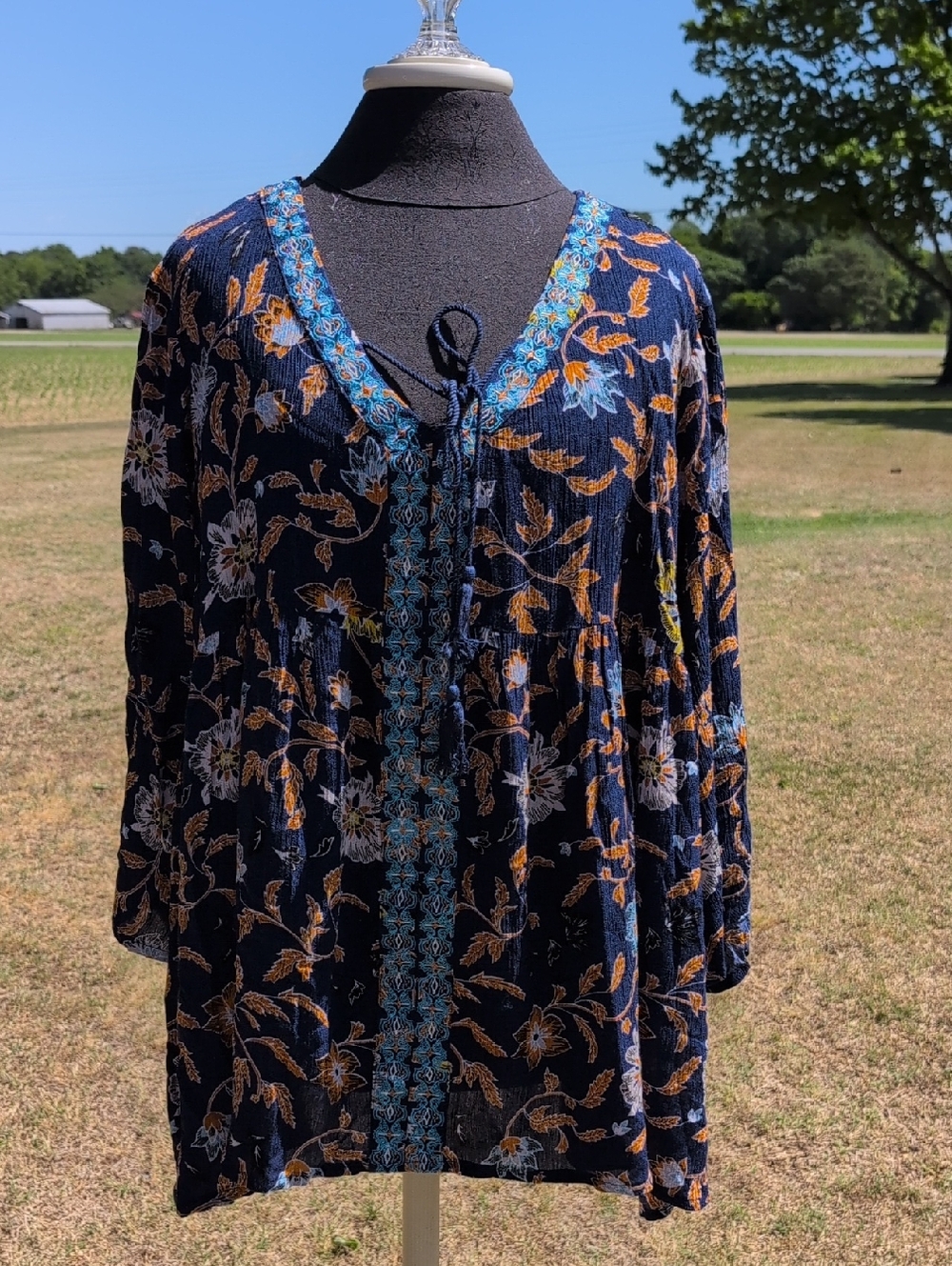 Suzanne Betro Navy Floral V-Neck Boho Tunic with Blue Trim